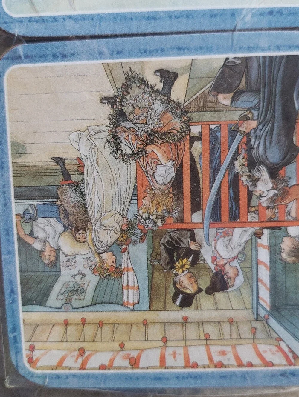 Vintage Illustrated Square Coasters Set - Blue Trim
